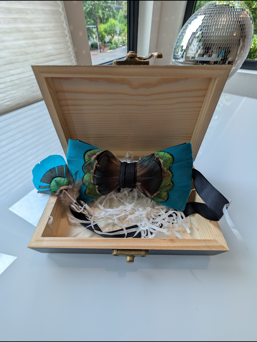 Teal Peacock Feather Bow Tie with Black Accent